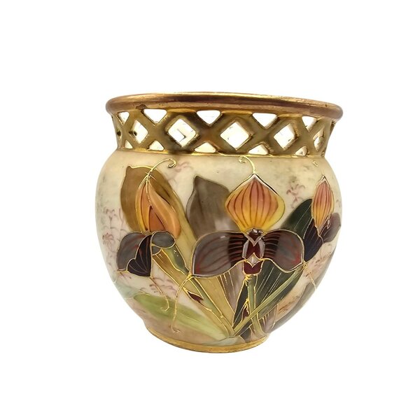 Antique 1893 Robert Hanke Porcelain Vase Lattice Rim Orchid Butterfly Design - Picture 5 of 16